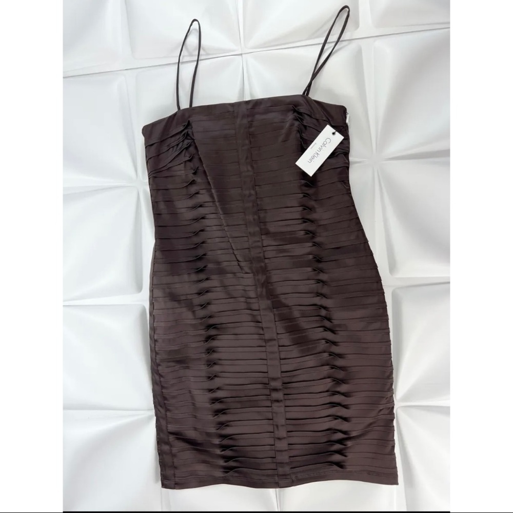 Calvin Klein Chocolate Brown Pleated Spaghetti Strap Dress